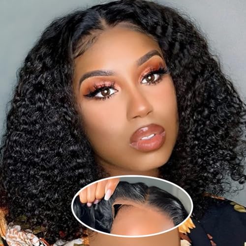 ISWEET HD Glueless Wigs Human Hair Pre Plucked Pre Cut Bob 4x4, 10 Inch #1B Natural Black 210% Density Hairline Curly Bob Wig Human Hair, Wear and Go Deep Wave Lace Front Wigs for Black Women