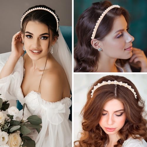 YISSION 6PCS White Pearl Headbands for Women Jeweled Head Bands Beaded Hairbands Fashion Wedding Bridal Headband Hair Accessories for Women Girls