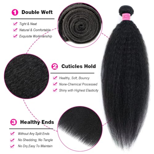 Borchan Kinky Straight Bundles Human Hair 3 Bundles 14 16 18 Inches 100% Unprocessed Brazilian Yaki Straight Hair Bundles Virgin Remy Kinky Curly Bundles for Black Women