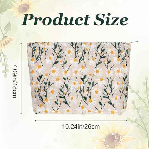 Cosmetic Bags Embroidery Daisy Flower Makeup Bag Large Travel Canvas Make Up Organizer Tool Pouch Cute Floral Cosmetic Bag Portable Purse Zipper Storage Toiletry Essential Pouch for Women Girls Gifts