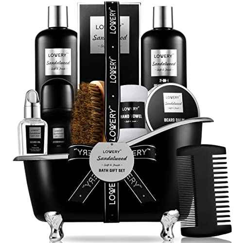 Christmas Gifts for Men, Mens Spa Gift Set Beard Kit and Body Care, Unique Gifts for Dad Sandalwood Spa Gift Baskets, Bath and Beard Grooming Kit, Birthday Gifts for Him with Beard Balm, Growth Oil.
