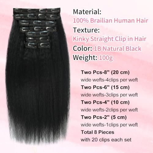 24 inch Kinky Straight Clip in Hair Extensions Real Human Hair Clip ins Yaki Full Head for Women Brazilian Human Hair Natural Black Color 8pcs 20 Clips 110g
