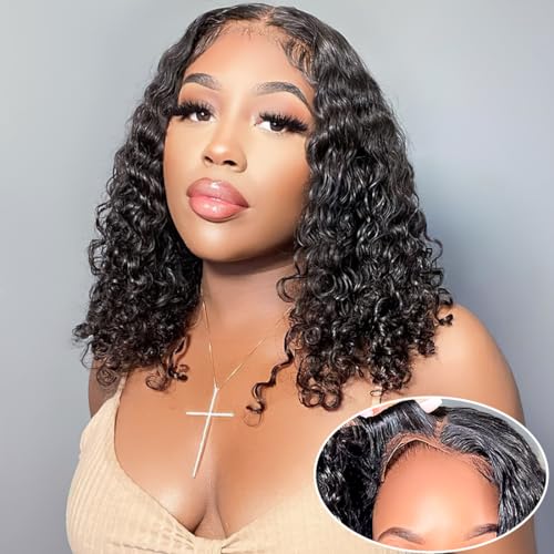 Wear and Go Glueless Wigs Human Hair Pre Plucked Pre Cut 6x4 Short Curly Bob Lace Front Wigs for Black Women Natural Hairline Water Wave Lace Front Wigs 200% Density 14 Inch