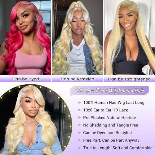 613 Lace Front Wig Human Hair 200 Density 20 Inch Blonde Wig Human Hair 613 HD Lace Frontal Wigs 13x6 Blonde Lace Front Wigs Human Hair Pre Plucked Body Wave Lace Front Wig for Women