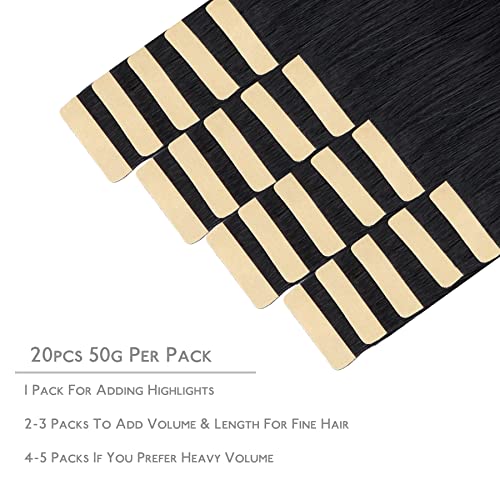 WENNALIFE Tape in Hair Extensions Human Hair, 20pcs 50g 24 inch Jet Black Remy Hair Extensions Straight Human Hair Tape in Extensions Skin Weft Tape Extensions Human Hair