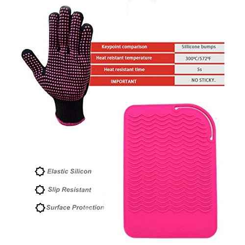 Heat Resistant Glove with Heat Resistant Mat for Curling Iron, Hair Straightener, Flat Irons, Silicone Bump Glove, 9¡± x 6.5¡± Food Grade Silicone Mat, Pink