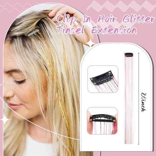 Gold Hair Tinsel Pack of 12 Pcs Clip in Hair Tinsel 20 Inch Glitter Tinsel Hair Extensions, Festival Tinsel Fairy Hair Extension Party Dazzle Hair Accessories Strands Kit (12Pcs,Gold#)