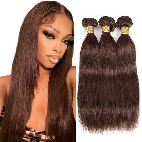 Straight Human Hair Bundles Color #4 Chocolate Brown Unprocessed Native Virgin Raw Trippy Hair Extensions 3 Bundles 22 24 26 Inch Quick Weave Double Weft for Black Woman