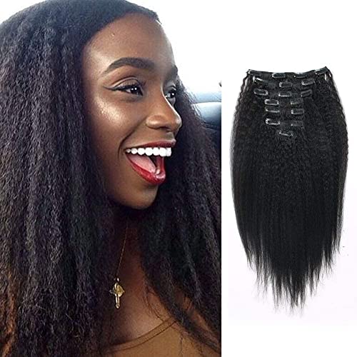 Lovrio Kinkys Straight Hair Clip in Hair Extensions for Black Women Brazilian Virgin Double Weft Human Hair 7 Pieces 120g with 17 Clips 14 Inch