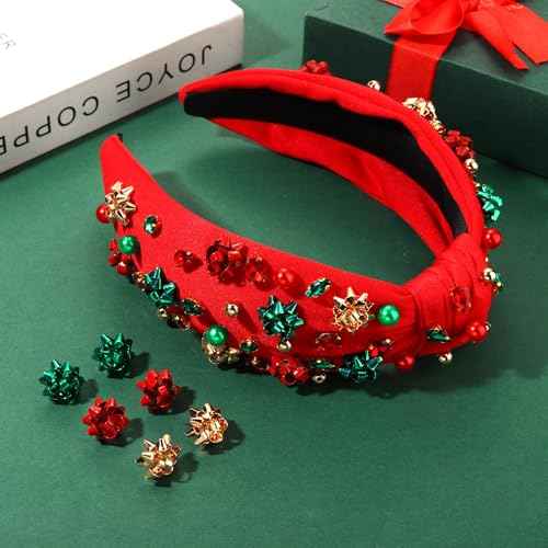 Christmas Headbands for Women Xmas Bow Tree Snowflake Headbands Jeweled Crystal Pearl Knotted Headband Holiday Hair Accessories Party Gifts (Xmas Bow 2)