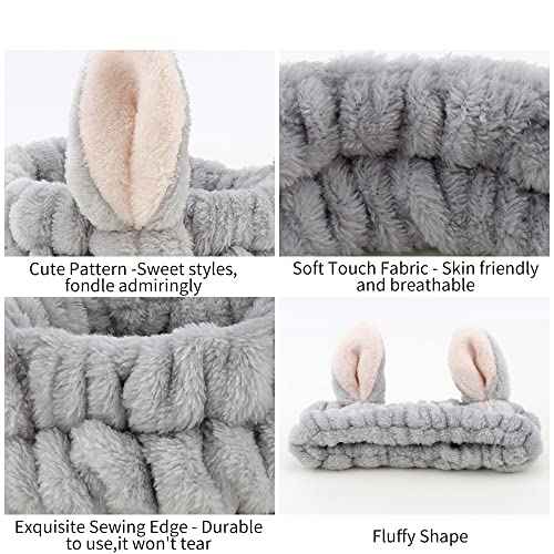 AHONEY Animals Ears Headbands, Cute Makeup Spa Fuzzy Skincare Headband for Washing Face Headband for Women Girls Coral Fleece Elastic Hair Band Cosplay Makeup Party, 4Pcs