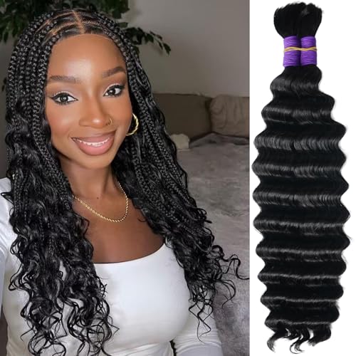 Human Braiding Hair for Boho Braids Deep Water Wave Crochet Hair Extensions Boho Hair for Braiding 12 A 110g 2 Bundles/Pack Natural Color Pre-Stretched 26 Inch