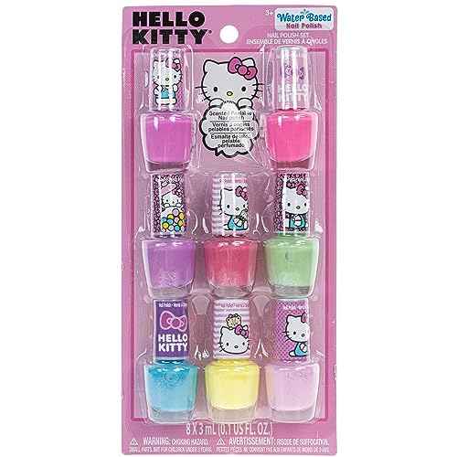 Townley Girl Hello Kitty 8 Pack Nail Polish,Water-Based, Non-Toxic, Peel-Off Set Girls Kids Ages 3+, Perfect for Parties, Sleepovers & Makeovers
