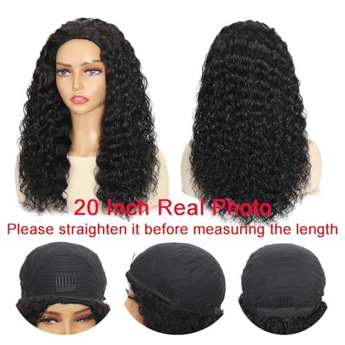 Half Wig Human Hair Deep Wave 3 In 1 Half Wigs for Black Women 200% Density Wear and Go Glueless Wigs Human Hair Drawstring Ponytail Seamless Flip Over No Lace Headband Wig Beginner Friendly 16 Inch