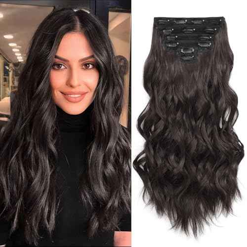 Synthetic Clip in Hair Extensions, 6 PCS Natural & Soft Hair & Blends Well Hair Extensions, Dark Brown Long Wavy Hairpieces(20inch, 6pcs, Dark Brown)