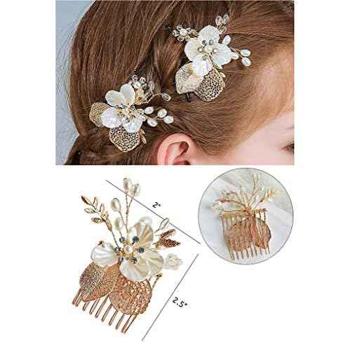 Wedding Flower Girl Hair Pins Bride Pearl Hair Piece Crystals Hair Clips Bridal Hair Accessories for Women and Girls Pack of 2 (Gold)
