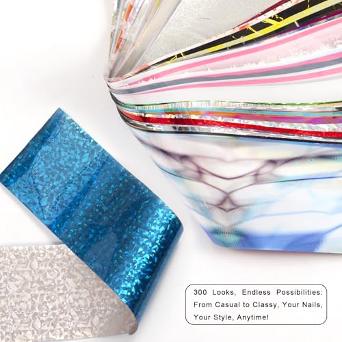 WOKOTO 300 Sheets Nail Transfer Foil Art Kit, Solid Glitter Gradient Nail Foils Transfer Nail Art Stickers For Nails, Gel Nail Transfer Stickers Decals Wraps Nail Polish Foil Transfer Sheets Set