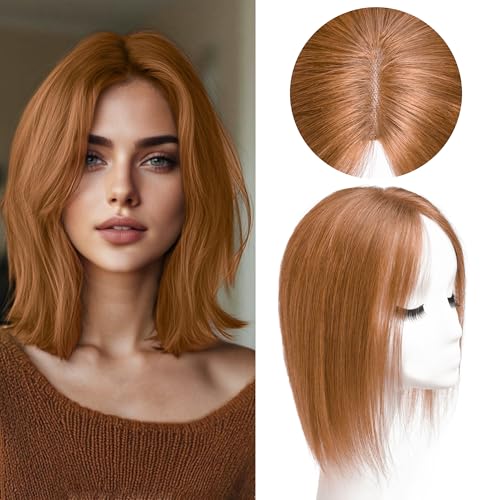 viviaBella Human Hair Hand-tied Swiss Lace BaseToppers Natural Looking no Bangs, Clip in Real Human Hair Toupee for Women with Thinning Hair Big Coverage 12inch hairpieces(Copper Red, 5"X4.5")
