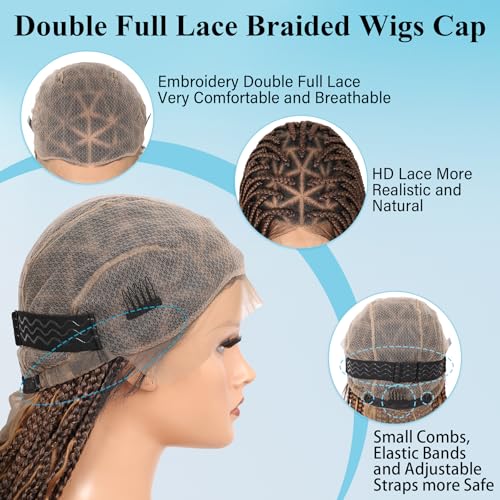 Boho knotless Braided Wigs for Women Boho Braid Wig Full Double Lace Front Bohemian Box Braid Wig with Baby Hair Premium Synthetic Braided Lace Front Wig 36" Mix Brown and Light Brown
