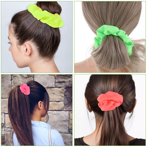 Bremorou 80s Neon Hair Scrunchies 5 Pack - Soft Elastic Hair Ties - Neon Yellow, Green, Coral, Hot Pink, Orange - Perfect for 80s Parties, Workout Costumes & More