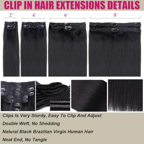 Straight Clip in Hair Extensions Real Human Hair Clip ins Double Weft Straight Clip ins Human Hair Extensions Full Head Natural Black for Women 8Pcs with 18Clips, 120G, 24Inch