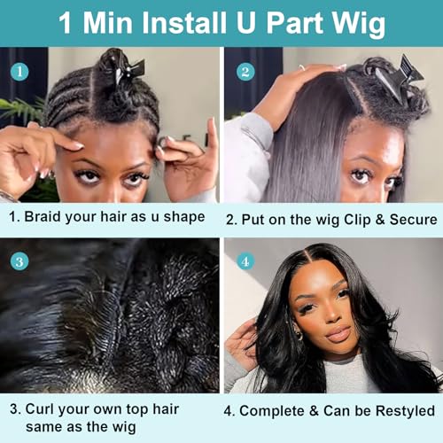 EMOL U Part Human Hair Wig Body Wave 20 Inches Upart Wig for Black Women Medium Length Brazilian Remy Human Hair Glueless Wigs Natural Black Breathable No Sew In Beginner Friendly