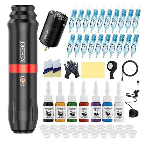 Tattoo Gun Kit with Wireless Rotary Tattoo Machine, 1500mAh Battery, 20 Tattoo Cartridge Needles, 7 Tattoo Inks, Tattoo pen for Beginners and Professionals (Black)