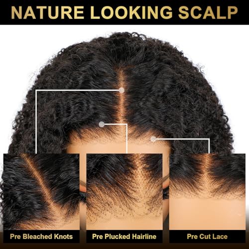 Glueless Bob Wig Human Hair Pre Plucked Pre Cut Bleached Knots Wear and Go Glueless Lace Front Wigs Human Hair Afro Kinky Curly 6x4 HD Lace Closure Bob Wigs for Women 200% Density 10 Inch