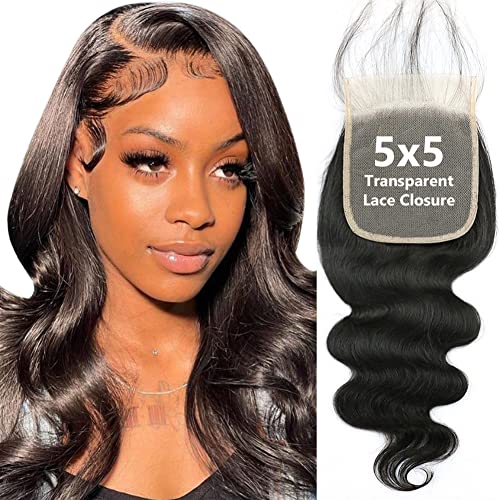 5x5 Transparent HD Lace Closure Only Body Wave Hair Closure Invisible Lace Closure 12A Brazilian Virgin Remy Human Hair Frontal Closure 100% Human Hair Extensions Pre Plucked Natural Black 22 Inch
