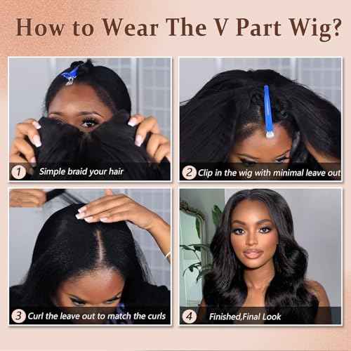 V Part Wig Human Hair Body Wave Upgrade U Part Human Hair Wig With Adjustable Drawstring 200% Density V Shape Clip In Half Wig For Women Natural Color 20 Inch