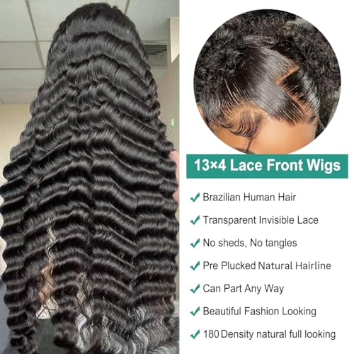 26 Inch Lace Front Wigs Human Hair Deep Wave 13x4 Human Hair Wigs for Women 180 Density Glueless Lace Frontal Wigs Brazilian Virgin Pre Plucked Bleached Knots (26 Inch)