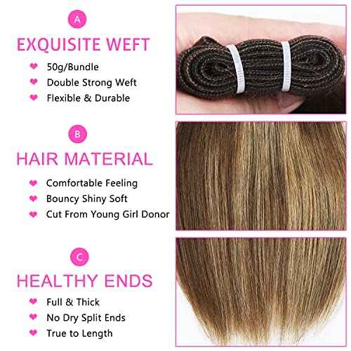 FQ 4/27 Highlight Bundles and Closure Straight P4/27 Human Hair Bundle with Closure(10 10 10+10) Brazilian Ombre Honey Blond Colored Short Bob 50g 3 Bundles with 4x4 Lace Closure