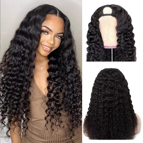 U Part Wigs Human Hair for Black Women Deep Wave Human Hair Brazilian Hair Full Head Clip in Half Wig V Part Glueless Wigs Human Hair Pre Plucked U Shape Wigs (Natural Black, 16 inch)