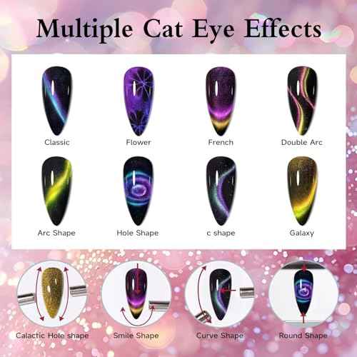 TWOEIGHT Cat Eye Gel Nail Polish, Magnetic 9D Cat Eye Gel Polish Set, 8ml*6 with 1Magnets, Classic Colors Chameleon Magic Galaxy Effect Soak off Nail Art - Sparkle Stunning Gel Polish Gift for Women