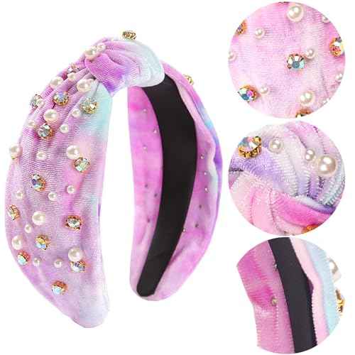 Crystal Rhinestone Headbands for Women Tie Dye Headwear Pearl Knotted Headband Diamond Velvet Purple Fabric Broad Cute Top Knot Headband Gift for Women Party Supplies 1PCS