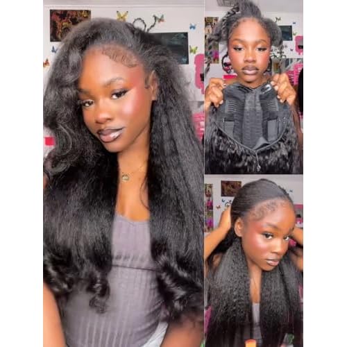 Sunber V Part Wig Human Hair Glueless Wig Kinky Straight Upgrade No Leave Out Vpart Kinky Straight Wigs 150% Density Glueless Clip in Half Wigs No Glue No Sew in Beginner Friendly 16Inch