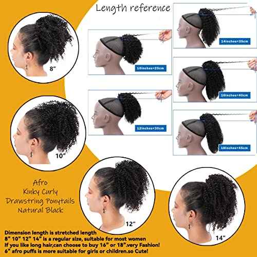 Afro Puff Kinky Curly Drawstring Ponytail Buns Natural Human Hair Pieces for Black Women,Girls,Kids 10 Inch #1B Natural Black