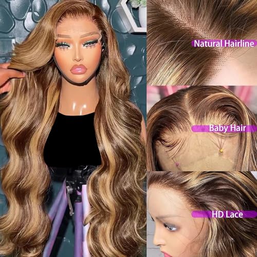 Honey Blonde Lace Front Wig Human Hair 13x4 HD Transparent 4/27 Highlight Ombre Body Wave Lace Front Wigs Human Hair Pre Plucked with Baby Hair 180% Human Hair Wigs 20 Inch