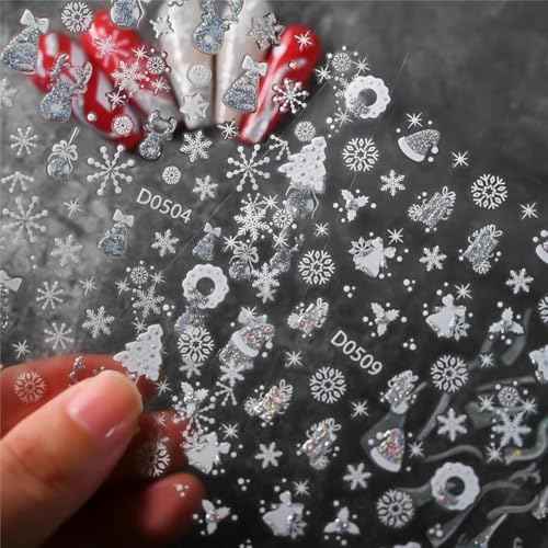 Snowflake Nail Art Stickers - 8 Sheets Christmas & Winter Designs with Silver Glitter Elk Bells