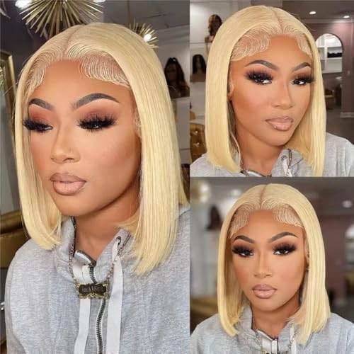 LICHANG Bob Wig 613 Bonde Lace Front Wig 200% Density 13x4 HD Transparent Lace Front Wigs Short Straight Bob Wigs For Women Colored Bob Wig Glueless Bob Wigs 14 Inch
