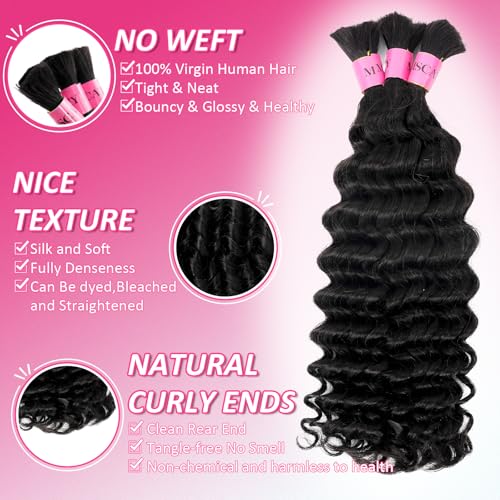 Human Braiding Hair for Boho Braids Deep Wave Bulk Human Hair for Braiding 150g Brazilian Human Hair for Boho Braids 16inch Bohemian Hair for Braiding Natural Black Best Human Extensions