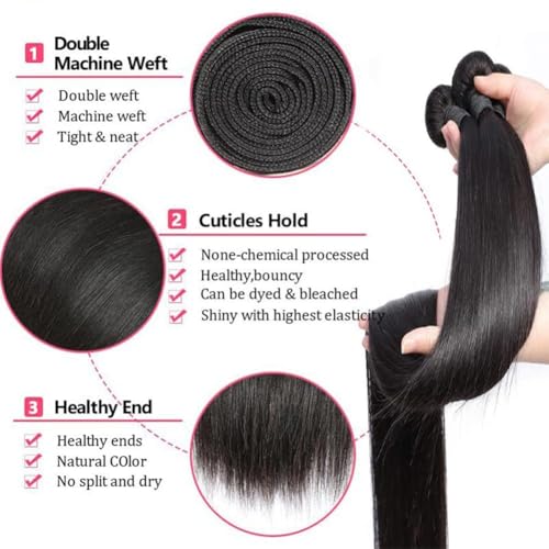 12A Straight Bundles with 2x6 Closure Human Hair 14 16 18 with 12 Inch 100% Unprocessed Brazilian Virgin Human Hair Weave Bundles with 2x6 HD Lace Closure