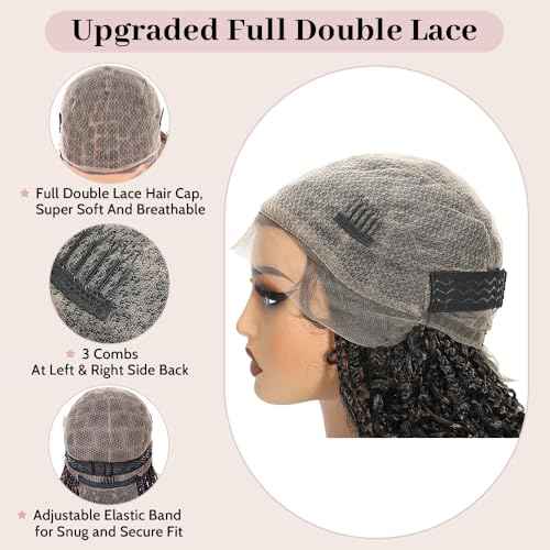 Short Boho Braided Wigs for Black Women Glueless Double Full HD Lace Human Hair Blended Braid Wig with Bohemian Curly Ends Goddess Boho Box Braids Wig (Dark Brown, 16 Inch)