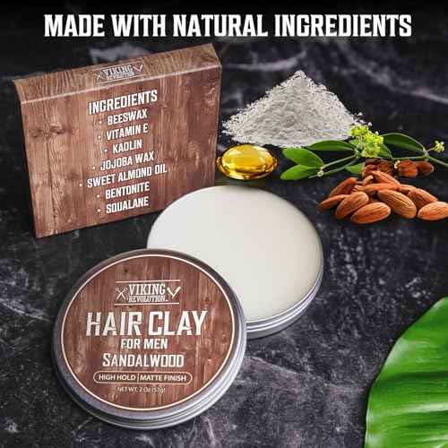 Viking Revolution Sandalwood Hair Clay for Men - Matte Finish Mens Hair Clay - Texturizing Clay Hair Product Men with Jojoba and Vitamin E - Clay Pomade for Men Effortless Hair Styling Cream (2 oz)