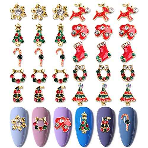 Wokoto 30 Pcs 3D Nail Charms - Christmas Tree, Candy Bells, Snowflakes Rhinestones for Nail Art