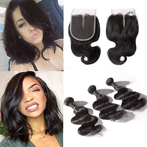 SingleBest Body Wave Bundles With Closure 10A Brazilian Virgin Hair Short Bob Weave With 4x4 Middle Part Half Hand Tied Lace Closure 100% Unprocessed Human Hair Natural Color(8 8 8+8inch)