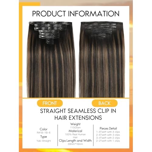 Caliee Seamless Yaki Straight Clip in Hair Extensions Human Hair 22 Inch Natural Black Mixed Chestnut Brown Seamless Yaki Straight Clip ins for Women Invisible PU Weft 115G 8 PCS Soft