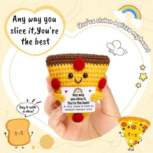 Mini Christimas Inspirational Gifts for Women Men Handmade Crochet Pizza Gift for Encouragement Self Care Motivation Comfort Positive Gift for Friend Teacher Coworker Christmas White Elephant Gifts