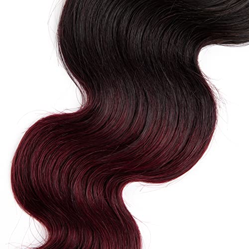 Ombre Brazilian Virgin Hair Body Wave Human Hair Bundles 12+14+16 inch 3 Bundles 100% Virgin Hair Bundles 2 Tone Black to Burgundy Human Hair Weave(12 14 16, T99J#)
