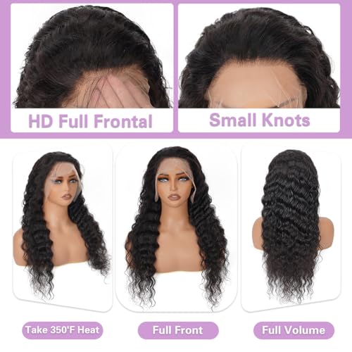 Deep Wave Lace Front Wig Human Hair 13x4 HD Lace Front Deep Wave Wig For Women Frontal Brazilian Human Hair Pre Plucked Curly Wet and Wavy 180 Density Bleached,Average Cap,Tangle Free 24 Inch